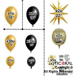 SET DE GLOBOS ARCO XL ESFERA NEGRO Y ORO LA756 103 UNIDADES